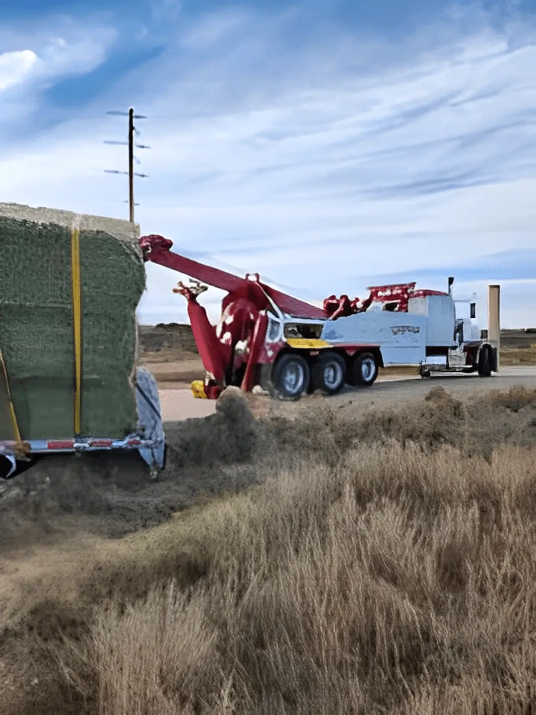 A vehicle lifting large hay bales on a rural road.
